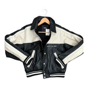 Zara Two-Tone Black and Cream Genuine Leather “Zero Techno” Jacket Size: S